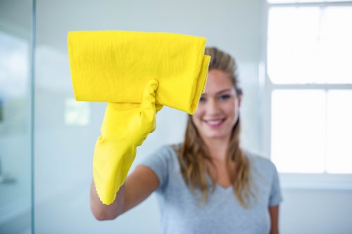 Local cleaning service preparing a business entrance and reception area
