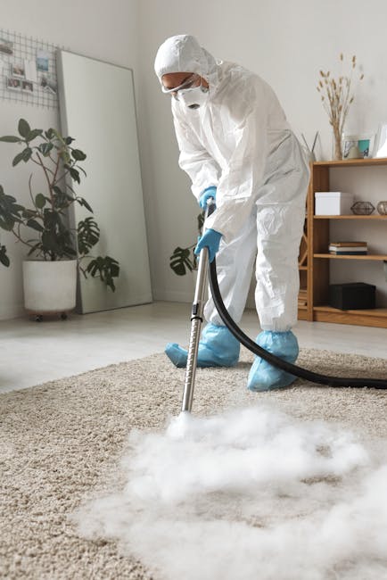 A person kneeling on a patterned carpet in a room with warm lighting, loading a vacuum cleaner with a yellow and black body and a flexible hose into its storage compartment. The individual is wearing a light brown jacket and blue jeans. Visible in the background are wooden furniture and a soft, beige wall. The scene depicts domestic surface cleaning, emphasizing the start of a deep cleaning or maintenance process, consistent with services offered by Ilford Carpet Cleaning for residential spaces.