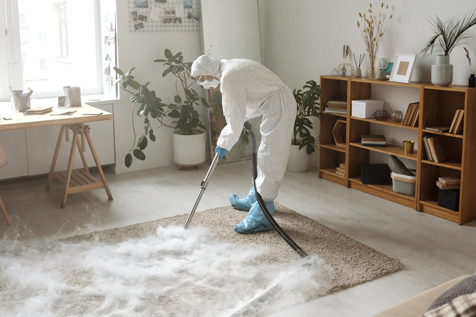 A person using a vacuum cleaner with a yellow body and black hose on an ornate, traditional patterned carpet in a residential room. The individual, dressed in casual clothing and white sneakers, is holding the vacuum's long handle, applying deep cleaning to the beige and green floral design rug, which appears slightly damp or recently cleaned. The room has warm lighting, and part of a wooden furniture piece can be seen near the carpet. This scene depicts routine surface cleaning and maintenance by Ilford Carpet Cleaning, focusing on thorough domestic or commercial carpet sanitisation.