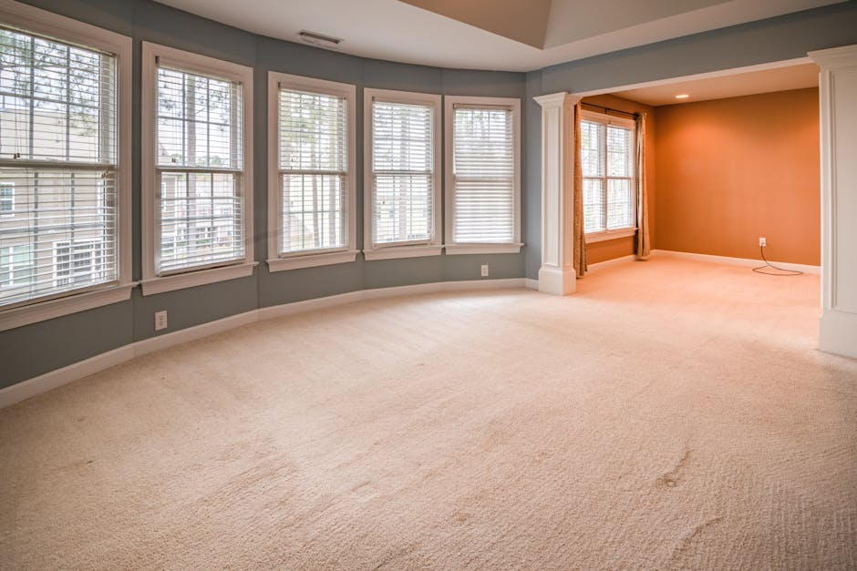 A spacious living room with large, white-framed double-hung sash windows fitted with white blinds, allowing natural light to illuminate the beige carpeted floor, which appears clean and well-maintained. The room features light grey painted walls and white crown molding, with a small section of a adjacent room visible, separated by a white archway with decorative columns. The visible corner of the room contains no furniture or clutter, highlighting the cleanliness and tidiness of the space. Natural light from the windows enhances the room's bright, airy atmosphere, and the carpet surface looks smooth and dust-free. This setting is representative of a well-maintained residential space that could benefit from professional surface cleaning services offered by Ilford Carpet Cleaning.